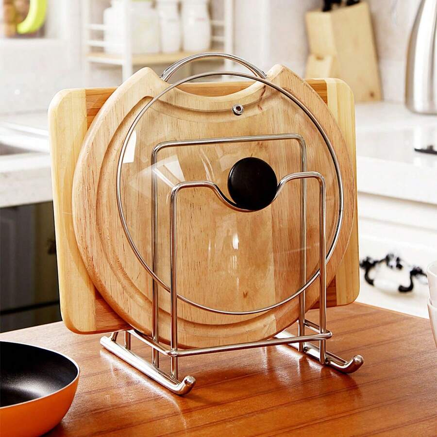 1pc Stainless Steel Thickened Pot Lid Rack, Kitchen Countertop Cutting Board Storage Rack, Multi-Function Organizer - View 1