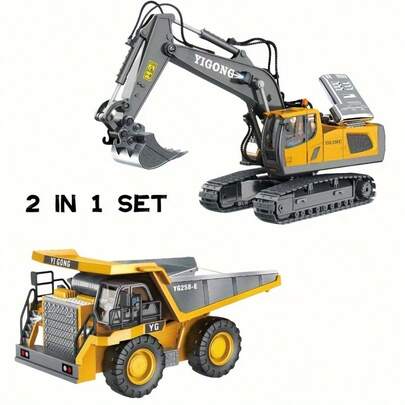 2Pcs RC Construction Vehicles Set - 11-Channel RC Excavator And Dump Truck, Alloy Plastic Construction Model, Perfect Birthday Gift