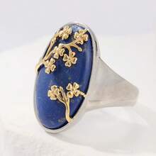 Nhẫn phong cách Bohemian sang trọng | Nhẫn vàng đính đá Lapis Lazuli nhân tạo | Nhẫn Boho thủ công | Nhẫn cỡ lớn dành cho nữ | Nhẫn quà tặng - Bạc - Xem 5