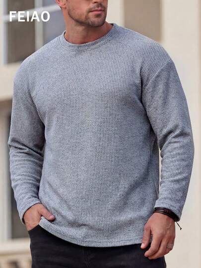 FEIAO Men's Retro Style Old Money Aesthetic Round Neck Knit T-Shirt, Solid Color, Lightweight Waffle Texture Fabric, Dropped Shoulder Design, Minimalist Outdoor Casual Comfortable Vacation Commute Versatile Multi-Season