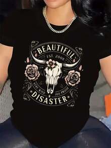 Womens 100 Cotton Short Sleeve Graphic T Shirt Beautiful Disaster Bull Skull With Roses Print Summer Fashion Shortsleeve Top Suitable For Outdoor Date Street Casual Style Perfect For Spring Summer Fall Great Gift Idea - 黑色 - 查看 1