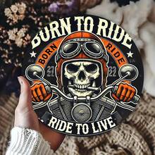 1 tấm tranh treo tường kim loại hình xương người xe máy "Born To Ride" - Tấm biển sắt tròn 8x8 inch, trang trí theo phong cách phi công cổ điển cho quán bar, quán cà phê, câu lạc bộ, nhà bếp, xe máy, thích hợp để trang trí phòng, có lỗ khoan sẵn như hình minh họa. - Nhiều màu - Xem 8