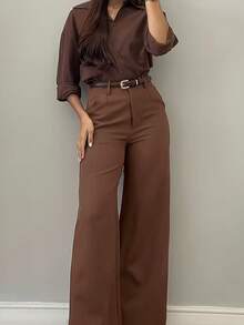 Women's Tailored Wide Leg Pants With Button And Zipper - Coffee Brown - View 3