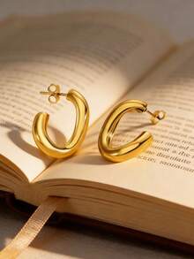 一对镀金极简主义C形圆形优雅耳环 - 金色 - 查看 3