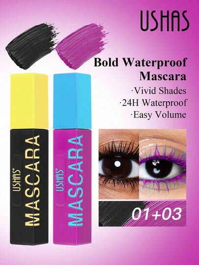  USHAS 二合一睫毛膏套装，浓密纤长，防水防晕染，打造自然妆效，黑色睫毛膏适合日常使用，彩色睫毛膏适合万圣节、派对、音乐节、角色扮演等场合。