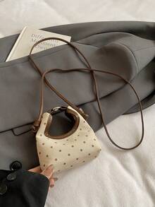 1 Stück Polka Dot Blumen Stickerei Patchwork Design Leinwand Handtasche, kleine Größe, süßer Stil, geeignet für den täglichen Gebrauch von Mädchen - Braun - Übersicht 6