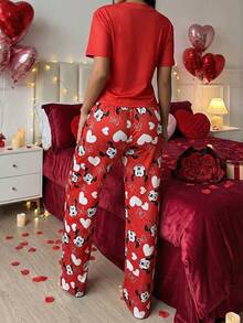 Disney Bộ đồ ngủ ngắn tay 2 món dễ thương dành cho nữ nhân dịp Lễ Tình nhân, đồ mặc nhà mềm mại và ngọt ngào. - Đỏ - Xem 5