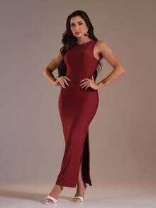 J.A.B.I Modas Vestido Feminino Midi Regata Cavado Justo Básico Suplex - Vinho - Visão 6