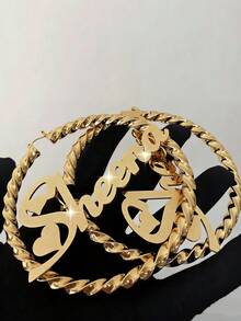 1 Pair 7cm Large Hoop Earrings, Customizable Name Text Personalized Earrings, 18K Gold Fashion Jewelry Stainless Steel, Engraved Bamboo Knot Earrings - Gold Round Name - Large Hoop Earrings, Thanksgiving Christmas - Frosted-gold - View 3