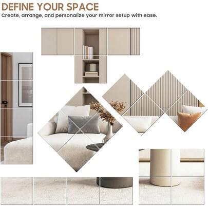 16pcs Frameless Acrylic Glass Mirror Tile, Suitable For Bedroom, Home Gym, Shatterproof, Removable Portable Mirror Wall Sticker, Applicable For Home Room, Bedroom, Home Decor, Wall Decor, Bathroom And Vanity, Size 20x20cm