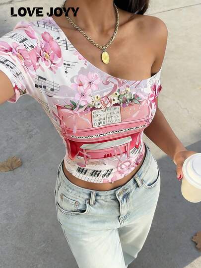Camiseta corta de manga corta con estampado de piano y flores al hombro, estilo Y2K para mujer LOVE JOYY, top corto ajustado de estilo retro casual único, adecuado para el verano