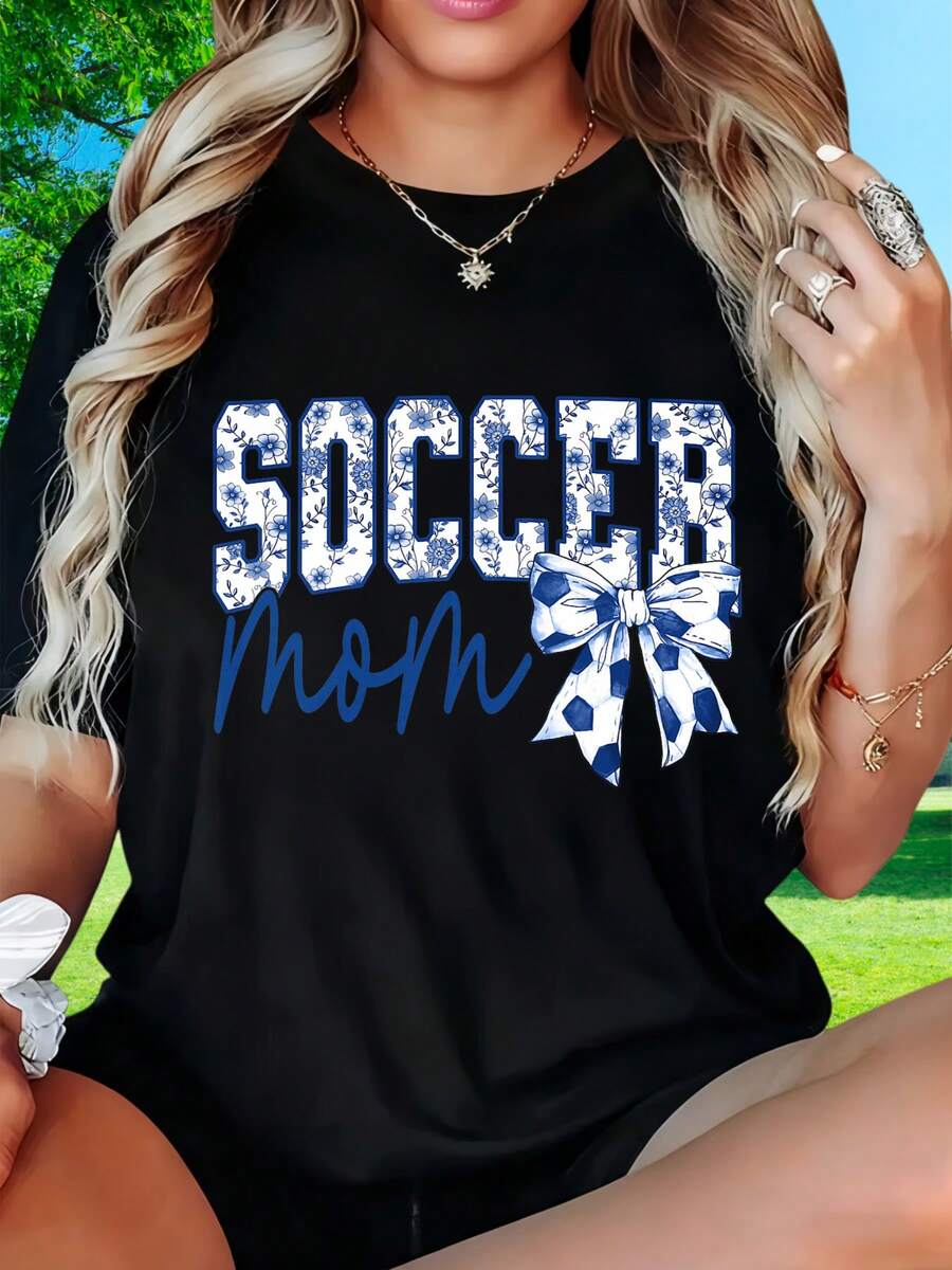 Soccer Mom T Shirt Women White Blue Floral Print Bow Design Casual Summer Top For Soccer Fans Mother Gift - 黑色 - 查看 1