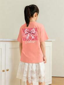 少女休闲印花圆领短袖T恤，夏季上衣 - 珊瑚橙 - 查看 2