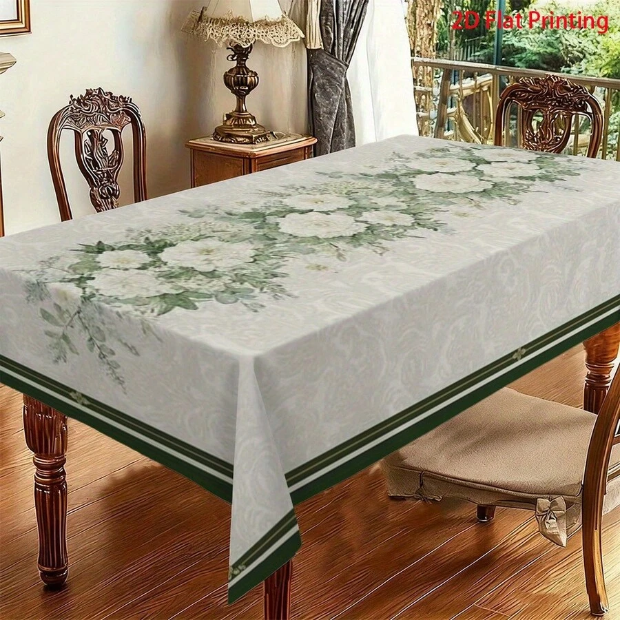 1pc Elegant White & Green Floral Tablecloth - Soft, Durable, Easy-Clean Polyester, Reusable, All-Season Use For Rectangular, Round, Oval Tables - Perfect For Home - Nhiều màu - Xem 1