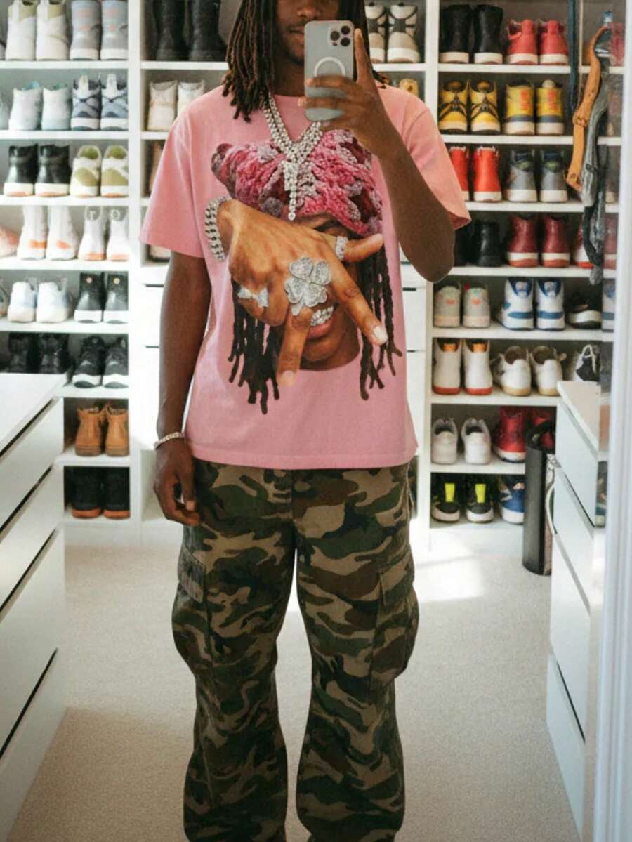 男士宽松圆领短袖印花T恤 | 精致设计 | 夏季必备 | 易于搭配 - 粉色 - 查看 1