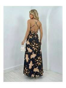 Women's Long Dress With Leaf Print, Crossed Straps, Casual, Summer, Tropical - 黑色 - 查看 3