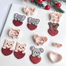 动物及心形系列聚合物粘土切割模具，包括大象、猫、老鼠、熊、狐狸、猪等造型，适合初学者制作手工聚合物粘土耳环和陶瓷工艺品。 - 杏色 - 查看 3