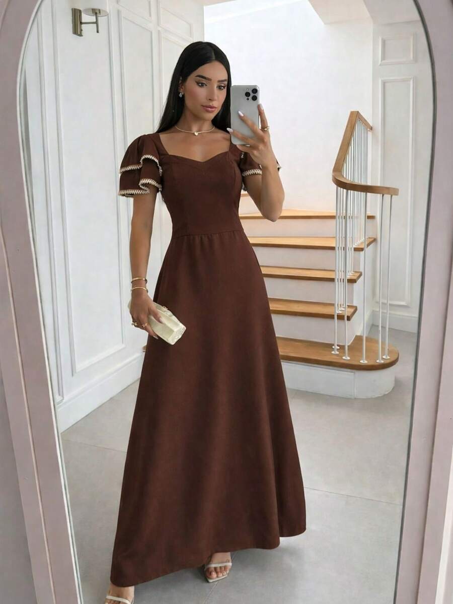 Elegant Women's Long Dress, Solid Color Wedding Party Dress, Puff Sleeves, Suitable For Work, Casual, Holidays, And More. - 鏽棕色 - 查看 1