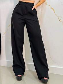 Women's Tailored Wide Leg Pants With Button And Zipper - Black and White - View 2