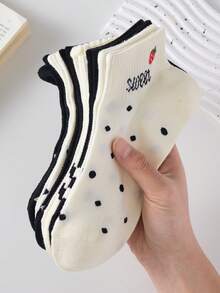 5双装草莓波点黑白女士短袜，防滑透气，适合春夏穿着 - 黑與白 - 查看 3