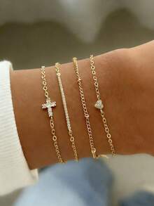 4pcs Fashionable Cubic Zirconia Cross & Heart Decor Multi-Layer Bracelet Set For Women, Birthday Party Jewelry, Best Gift (Bead Quantity Random) - 金色 - 查看 5