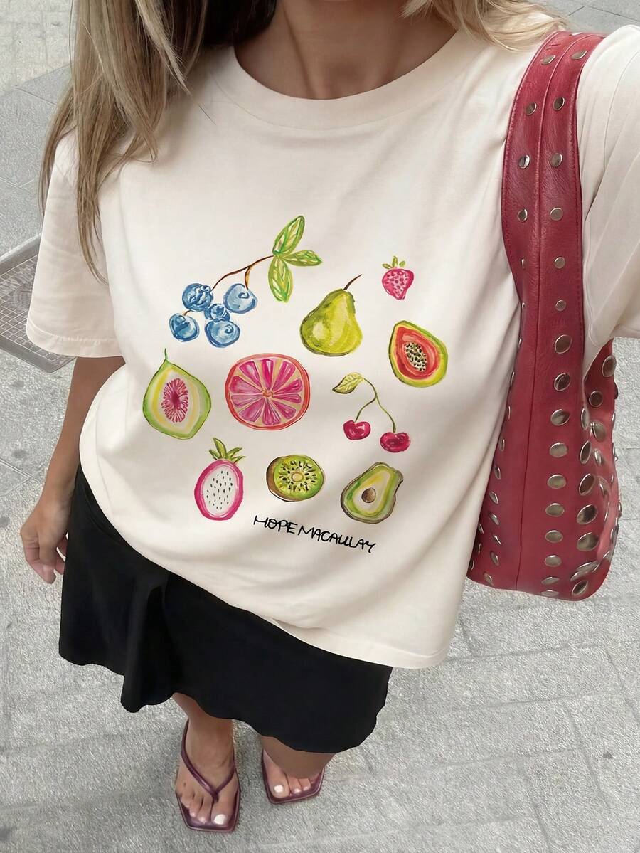 1pc Girls Casual Fruit Print Round Neck Short Sleeve T-Shirt, Summer Student Youth Clothing - Apricot - View 1