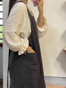 1PC Unisex Plus Size Gray Lightweight Cotton Cross-Back Pullover Apron With Pockets, Minimalist Modern Style, Easy On/Off Stain-Resistant Smock For Multiple Occasions - Grey - View 6