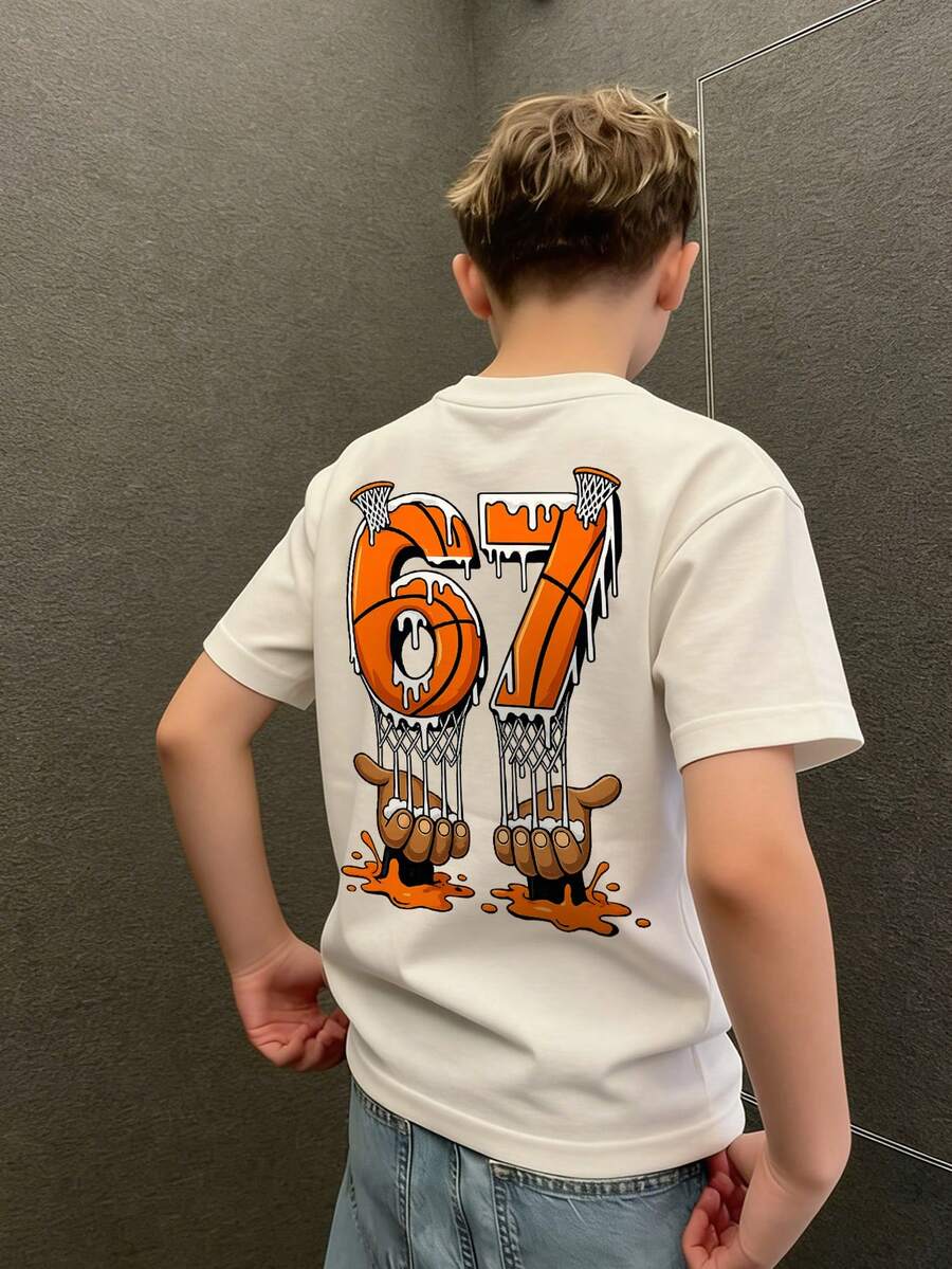 男童休闲印花圆领短袖T恤，夏季上衣 - 杏色 - 查看 1