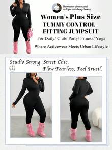 Plus Size Women's Skinny V-Neck Zip-Up Workout Jumpsuit, Casual Slim Yoga Romper Bodysuit Bodycon Sexy One Piece, Easy To Match Looks Slim, Flatter The Figure Fall, Plus Size Womens Jumpsuit. - 黑色 - 查看 3
