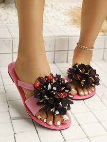 2026 New Summer Beach Rhinestone Sandals, Flat Slip-On Slippers, Fashionable Pink Floral Flat Beach Sandals - Pink - View 3