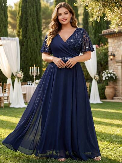 Plus Butterfly Sleeve V-Neck Floral Lace Contrast Chiffon Rhinestone Ribbon Waist Evening Party Maxi Dress, Wedding Guest Dress, Valentine's Day Dress, Summer Dress, For Birthday, Graduation, Homecoming