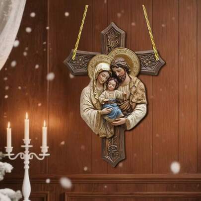 2D木质圣家十字架壁挂，耶稣玛利亚约瑟挂饰，天主教基督教宗教装饰，家庭小教堂墙饰，圣诞节、复活节、乔迁之喜的灵性礼物，复古树脂木饰面，信仰主题壁挂