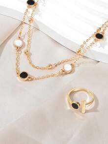 2 Pcs Street Style Black White Enamel Round Beaded Double Layered Chain Bracelet Gold Band Finger Ring Nightout Party Jewelry Set - Gold - View 4