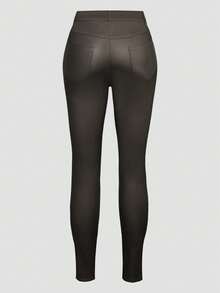 Apperloth A Rave 复古高腰弹力纽扣门襟保暖抓绒 PU 皮革修身锥形裤，感恩节休闲装 - 摩卡棕 - 查看 2