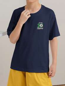 Tween Boys Casual Printed Crew Neck Short Sleeve T-Shirt, Summer Top - Navy Blue - View 3