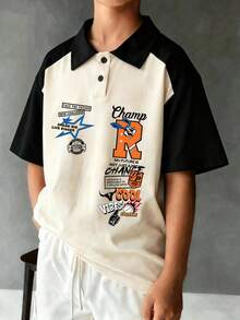 青少年男童个性化简约梦幻图案运动校园风套头Polo衫，儿童休闲夏季新款上衣 - 杏色 - 查看 1