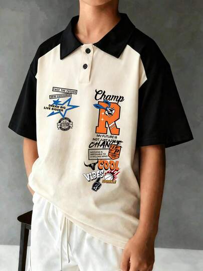 青少年男童个性化简约梦幻图案运动校园风套头Polo衫，儿童休闲夏季新款上衣
