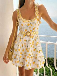 Women's Summer Casual Beach Vacation Lemon Print Ruffle Waist Tie Dress Elegant - Multicolor - View 2