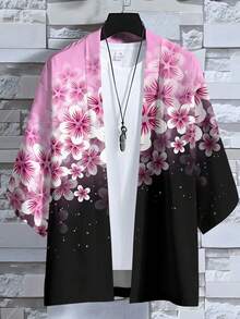A Piece Of Fresh Art Style Polyester Summer Pink-Black Gradient Cherry Blossom Print Men's Loose Kimono Cardigan For Casual Outings - 彩色 - 查看 4