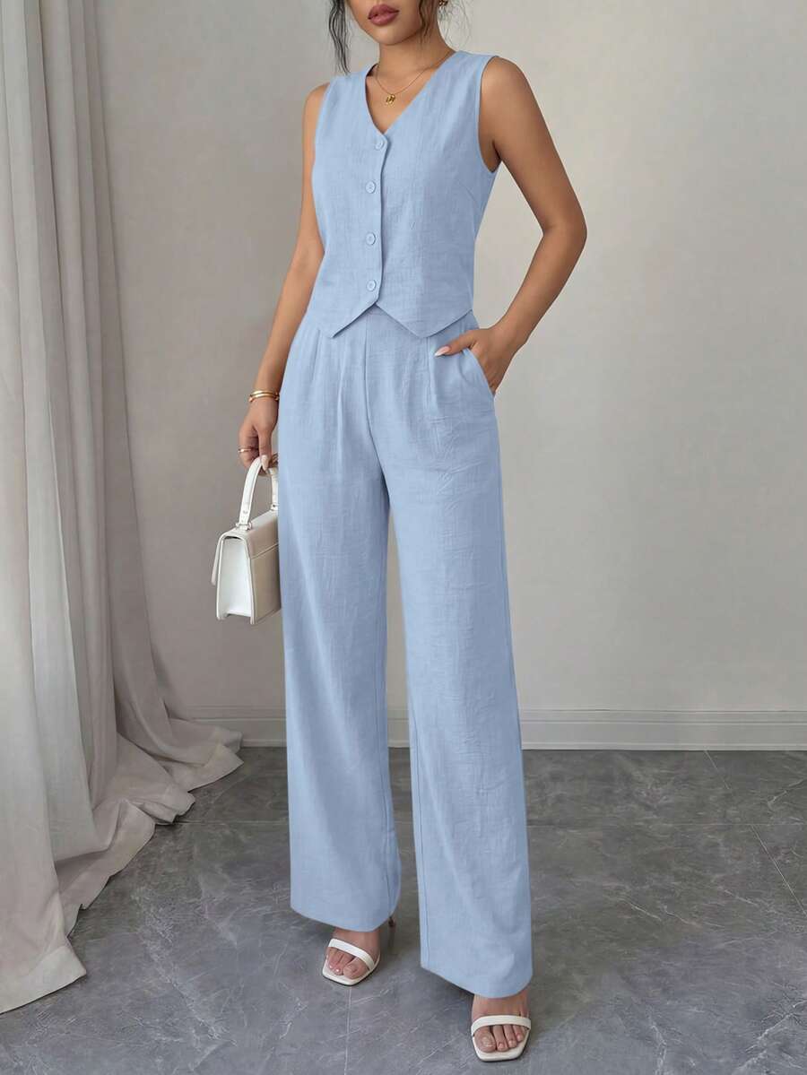 Women's Summer Two Piece Outfit Fashion Button Down V Neck Wheat Vest Blazer And Wide Leg Pants Suit Matching Set - 天藍色 - 查看 1