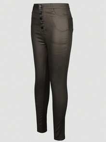 Apperloth A Rave 复古高腰弹力纽扣门襟保暖抓绒 PU 皮革修身锥形裤，感恩节休闲装 - 摩卡棕 - 查看 3