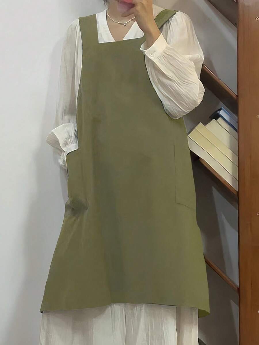 1件男女通用加大码橄榄绿轻薄交叉后背套头围裙，带口袋，简约现代风格纯棉易穿脱防污罩衫，适合多种场合 - 橄欖綠 - 查看 1