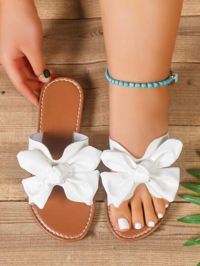 女士宽楦蝴蝶结装饰平底凉鞋，优雅时尚舒适，休闲沙滩度假派对平底凉鞋