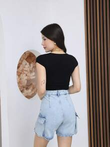 Casual Washed High Waist Cargo Shorts, Summer - Blue - View 3