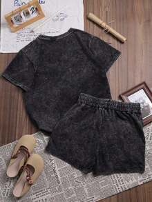 Es Trus Cotton, Summer Women's Fun Printed Hip-Hop "Simple Letter" Personalized Pattern Printed Street , Korean Style Comfortable Retro Basic Fashionable Commuting Versatile Y2k Clothing Women's Clothing, Suitable For Outdoor Leisure, Regular Niche Punk Style Black Well Fitting Round Neck Short Sleeved Washed T-Shirt Shorts Two Pieces Setsummer Outfits Tops - 黑色 - 查看 2