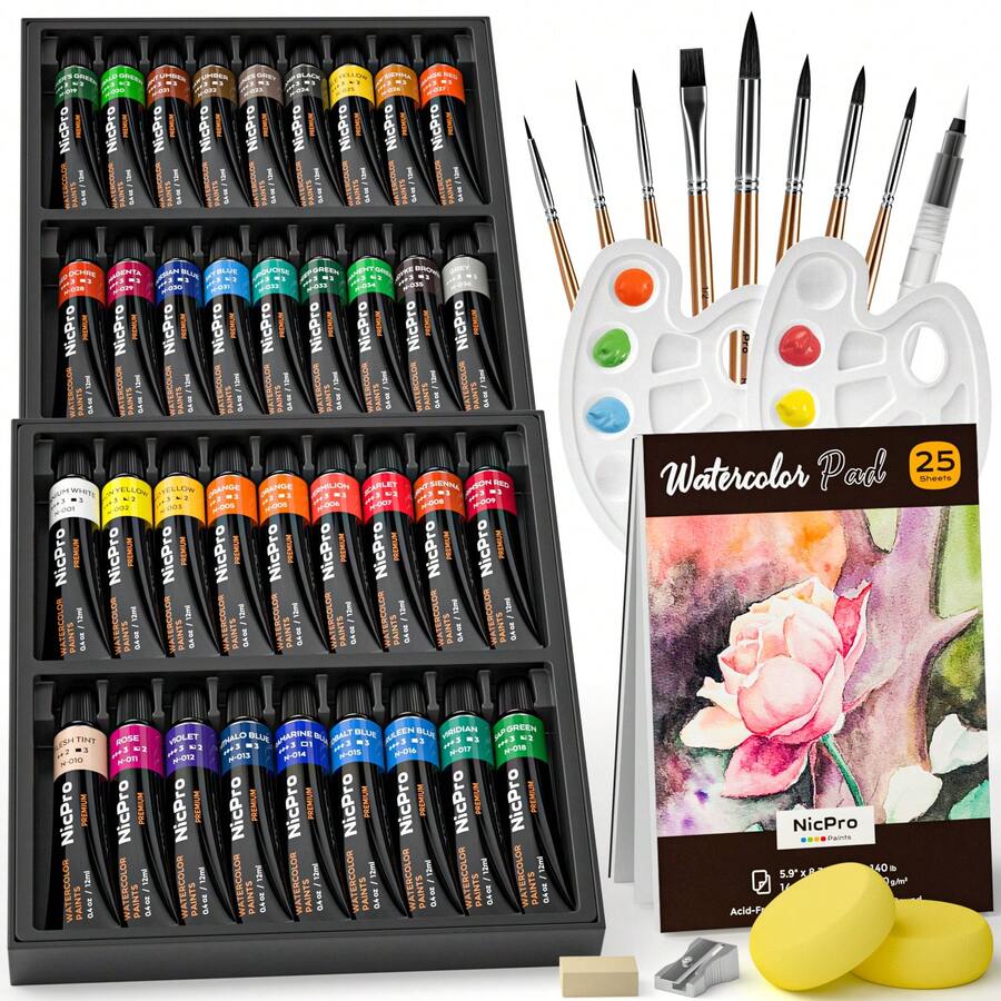 Nicpro Watercolor Paint Set For Adults,Beginner & Artists, 36 Tubes Water Color Paint Set With 25 Watercolor Paper Book, 8 Squirrel Paint Brushes, Palettes, Color Wheel, Water Color Painting Supplies - 36 Colors - View 1