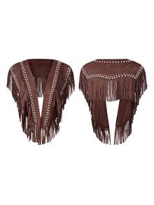 Women's Leather-Studded Suede Knitted Pullover Jacket - 1970s Hippie Style Ensemble - Sleeveless, Buttoned, Floor-Length Fringed Pullover With Western-Style Collar Design - 巧克力棕 - 查看 7