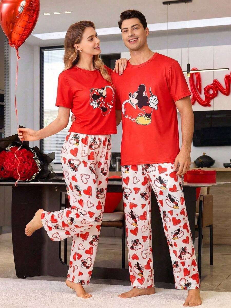 Disney Bộ đồ ngủ nam 2 món cho ngày Valentine, đồ ngủ tay ngắn và quần dài mềm mại, đồ mặc nhà thoải mái. - Đỏ - Xem 1