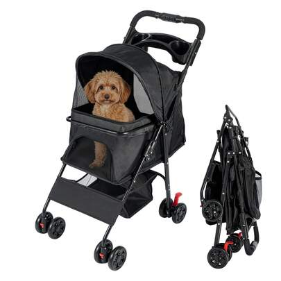 Pet Travel Stroller & Cats, 4-Wheel Foldable Pet Pushchair With Rain Cover, Storage Basket & Cup Holder, Dog & Cat Pram For Small To Medium Pets