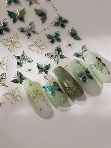 1片金色绿色蝴蝶美甲贴纸 5D DIY 美甲贴纸 蝴蝶美甲用品 适合女孩和女性 - 彩色 - 查看 1